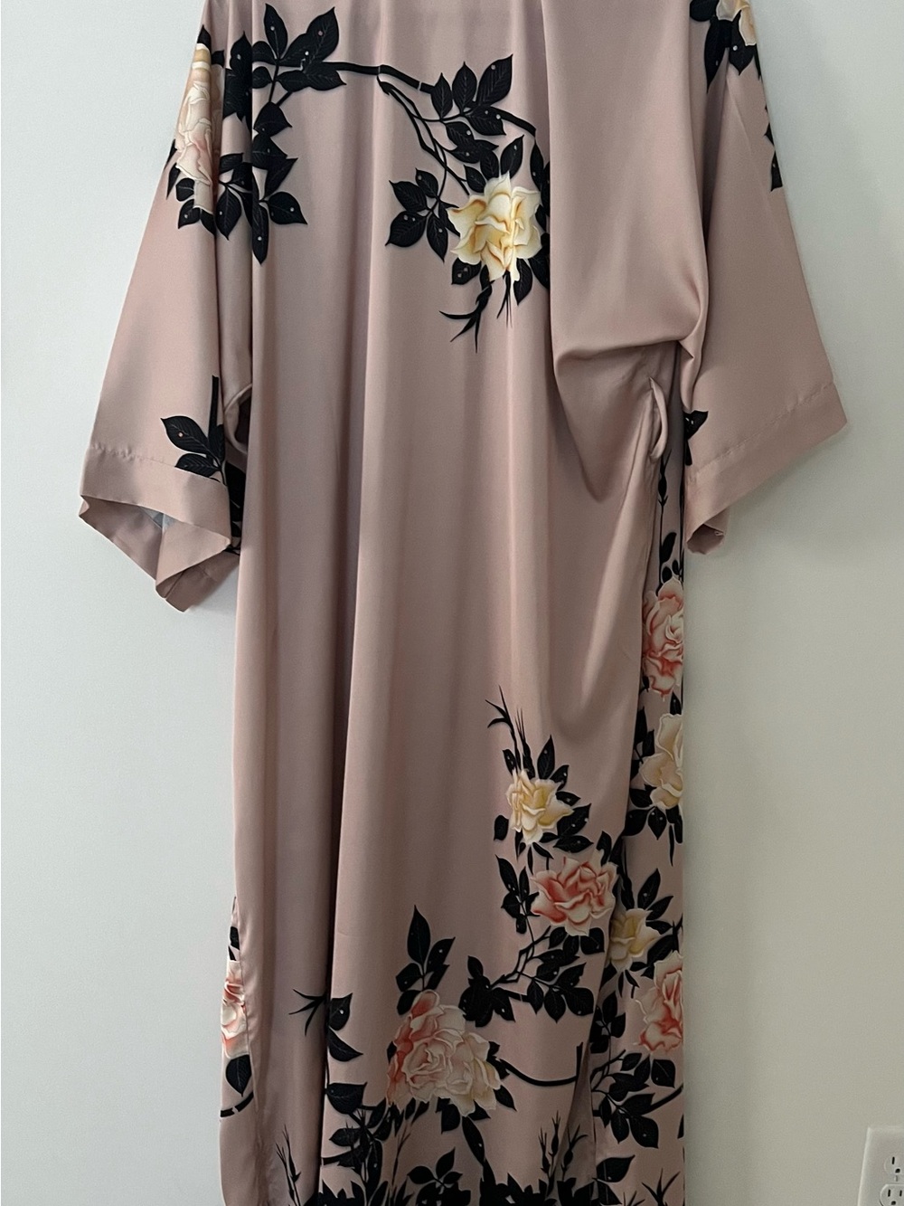 Long Floral Satin Kimono Robe - Pink - Picture 5 of 7